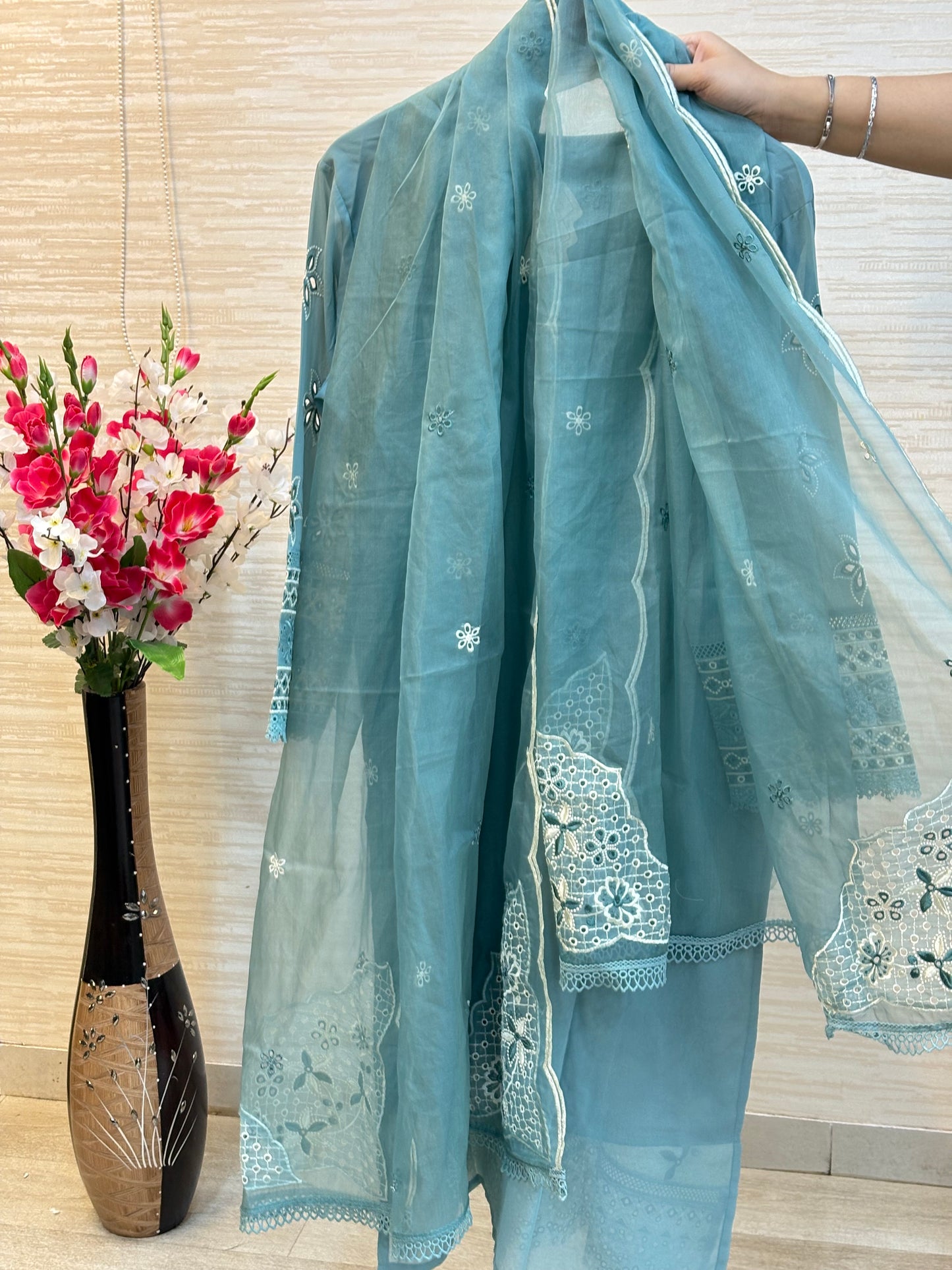 208 Cutwork Partywear suit - Turkish blue