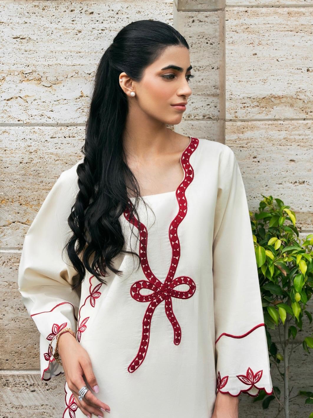 215 Ivory Rayon Kurta Palazzo Set with Contrast Embroidery