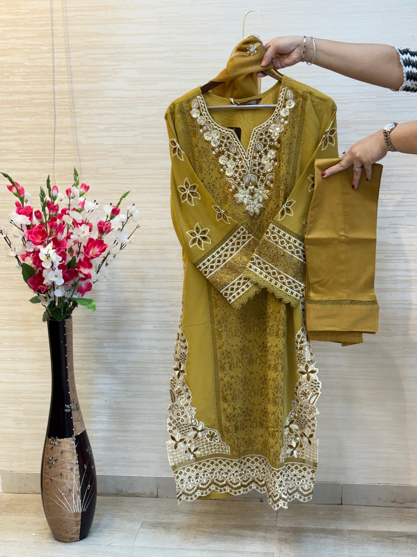 208 Cutwork Partywear suit - mustard yellow