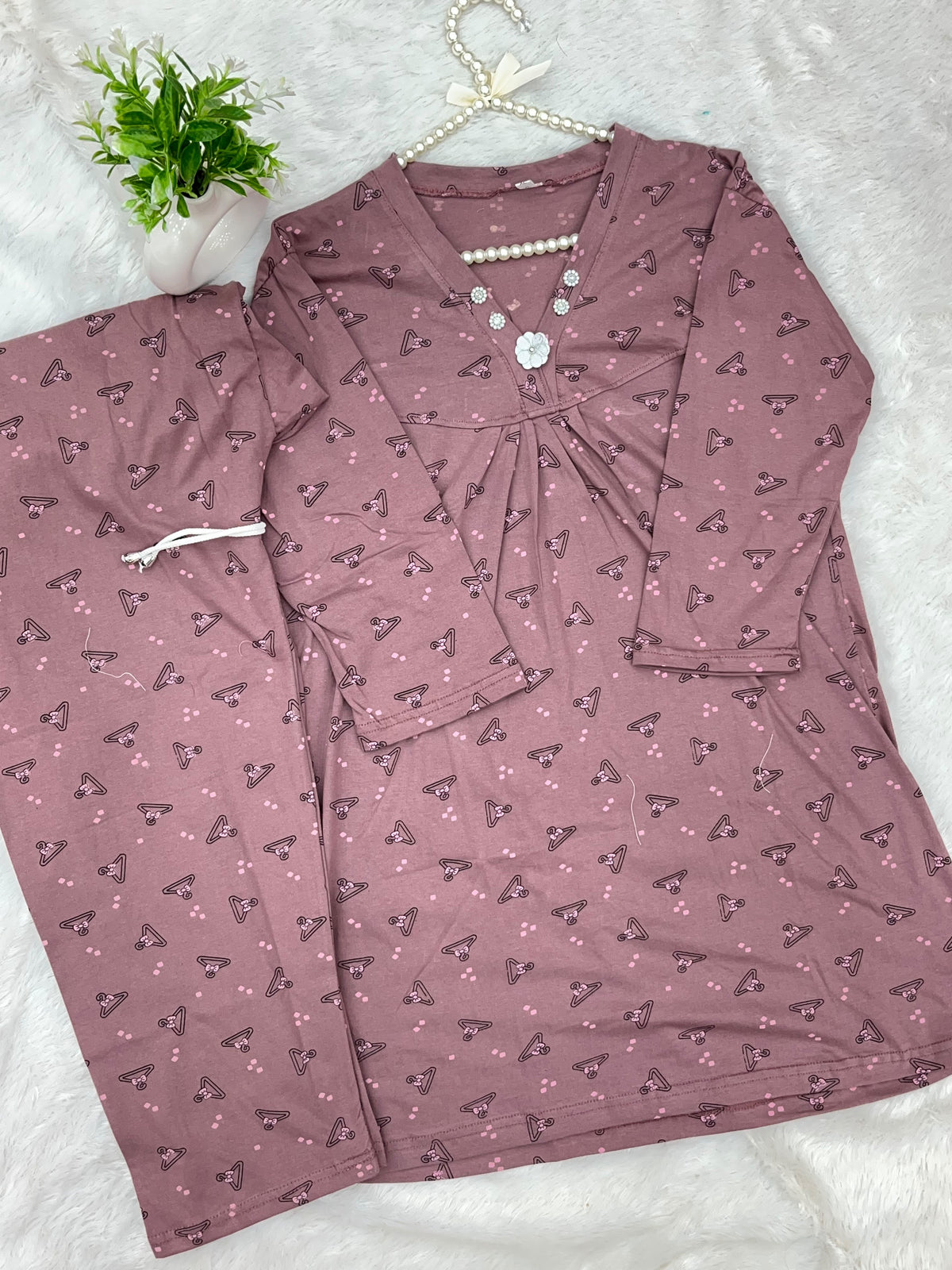 1454 Korean Printed Night Wear - Dusty Mauve