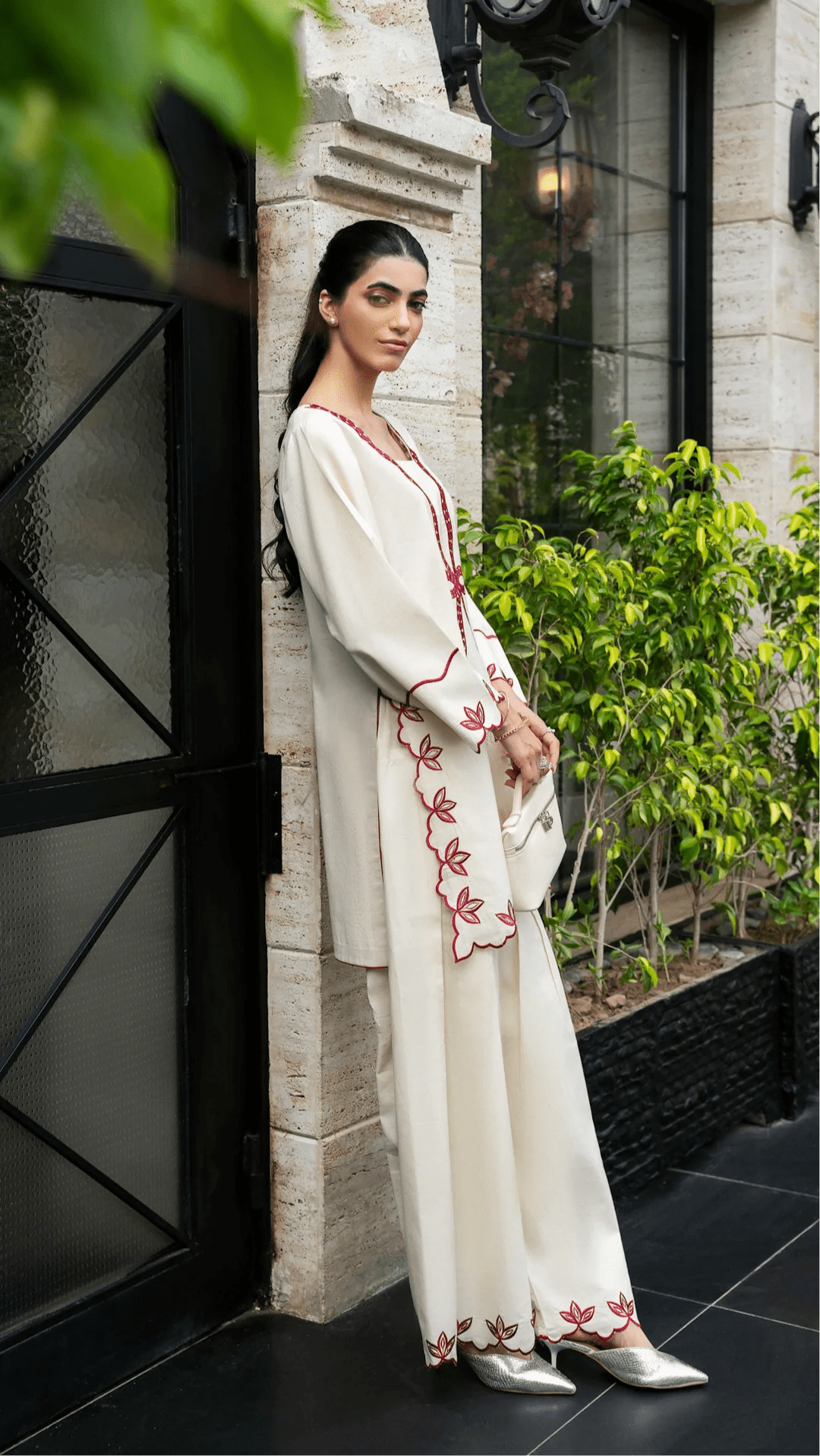 215 Ivory Rayon Kurta Palazzo Set with Contrast Embroidery