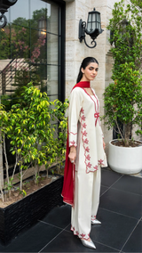 215 Ivory Rayon Kurta Palazzo Set with Contrast Embroidery