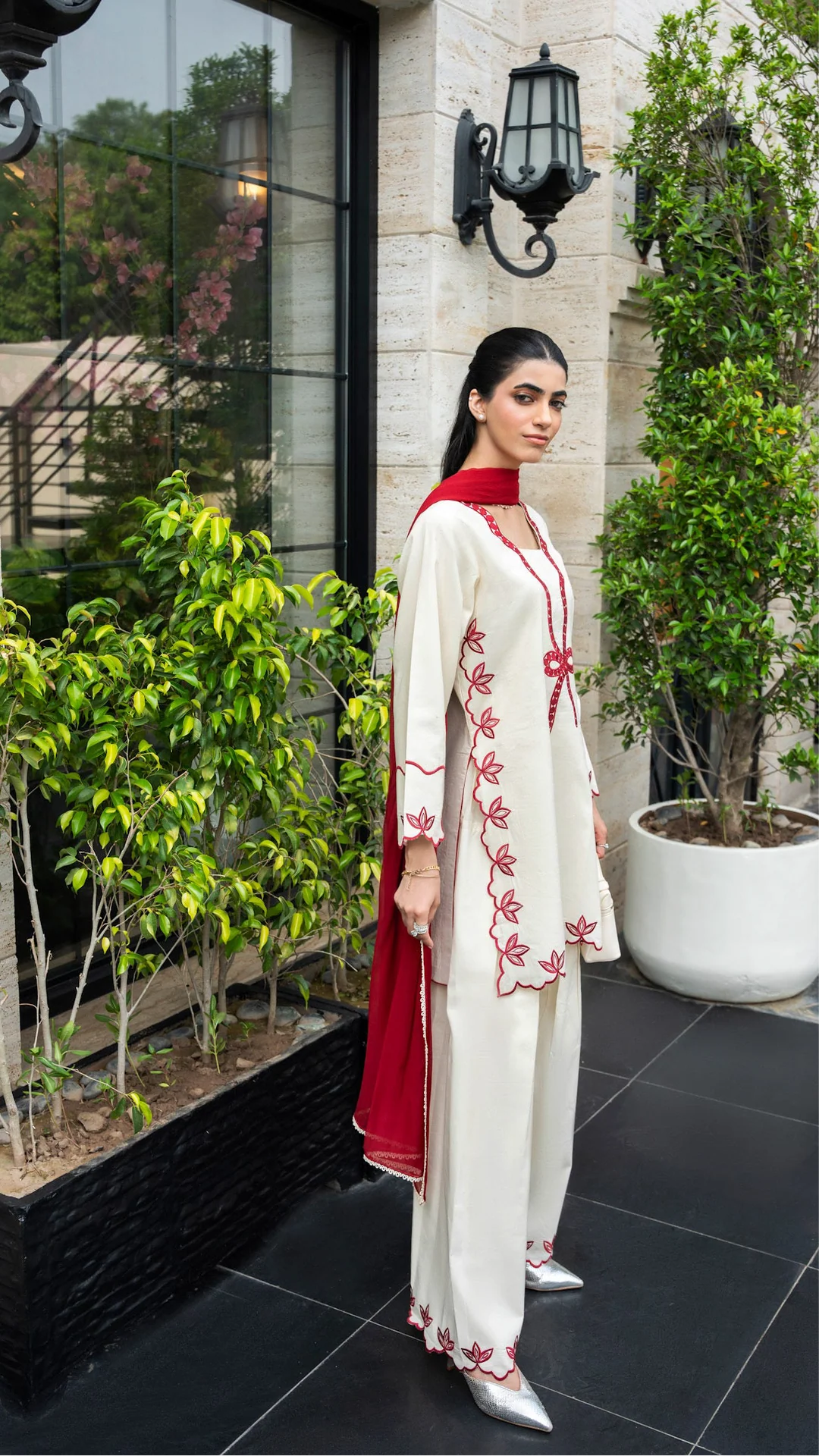 215 Ivory Rayon Kurta Palazzo Set with Contrast Embroidery