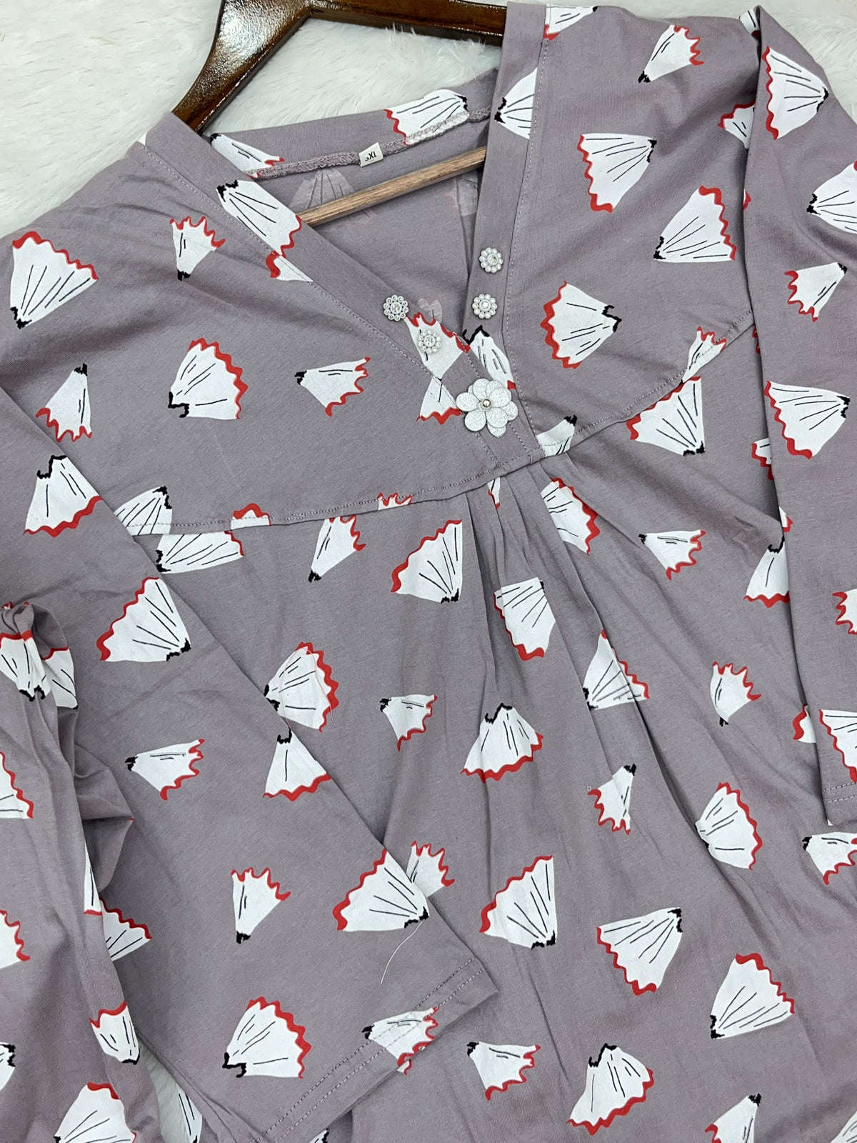 1454 Korean Printed Night Wear - Lavender Grey