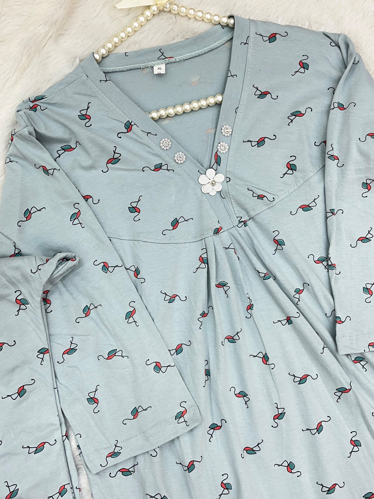 1454 Korean Printed Night Wear - Ice Blue