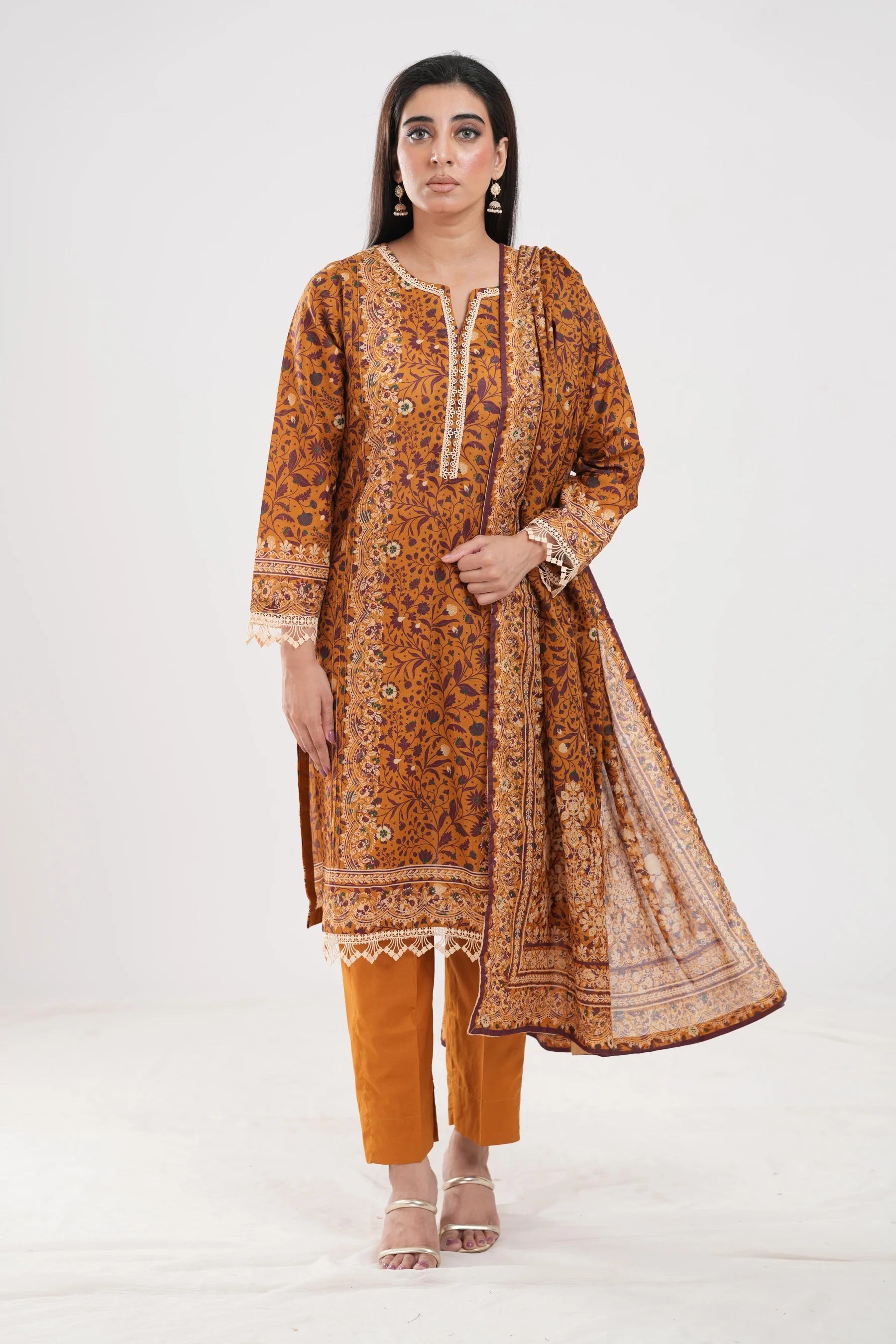 Lawn Brown Stitched Suit - Zellbury