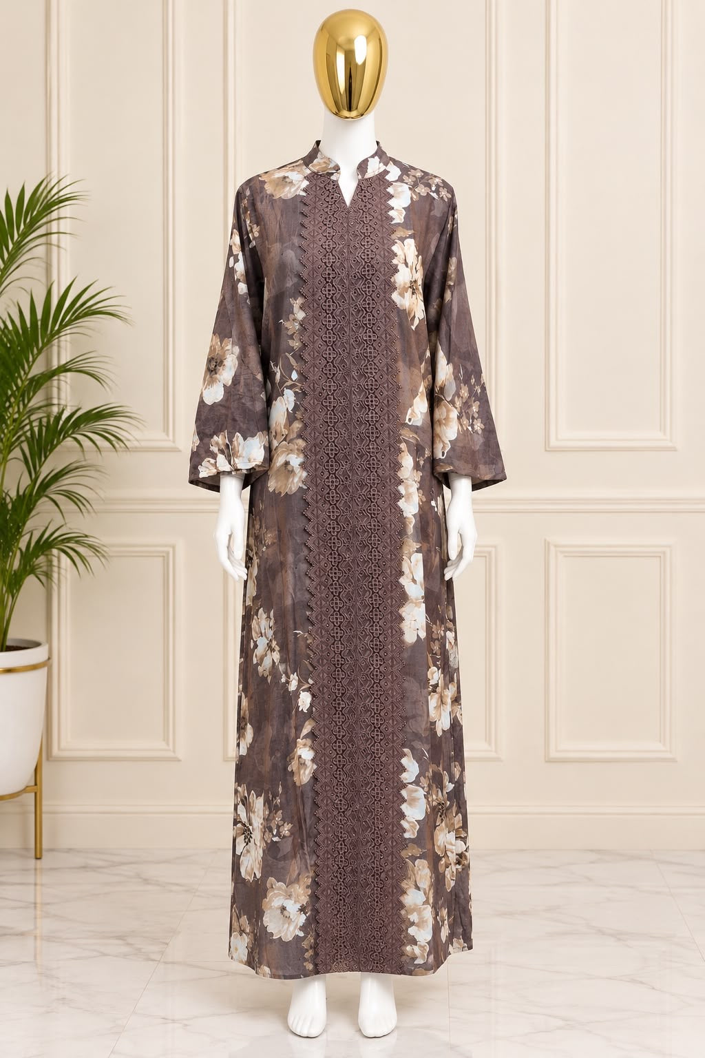 1380 Floral Turkish Lace-Work Gown - Mocha Brown
