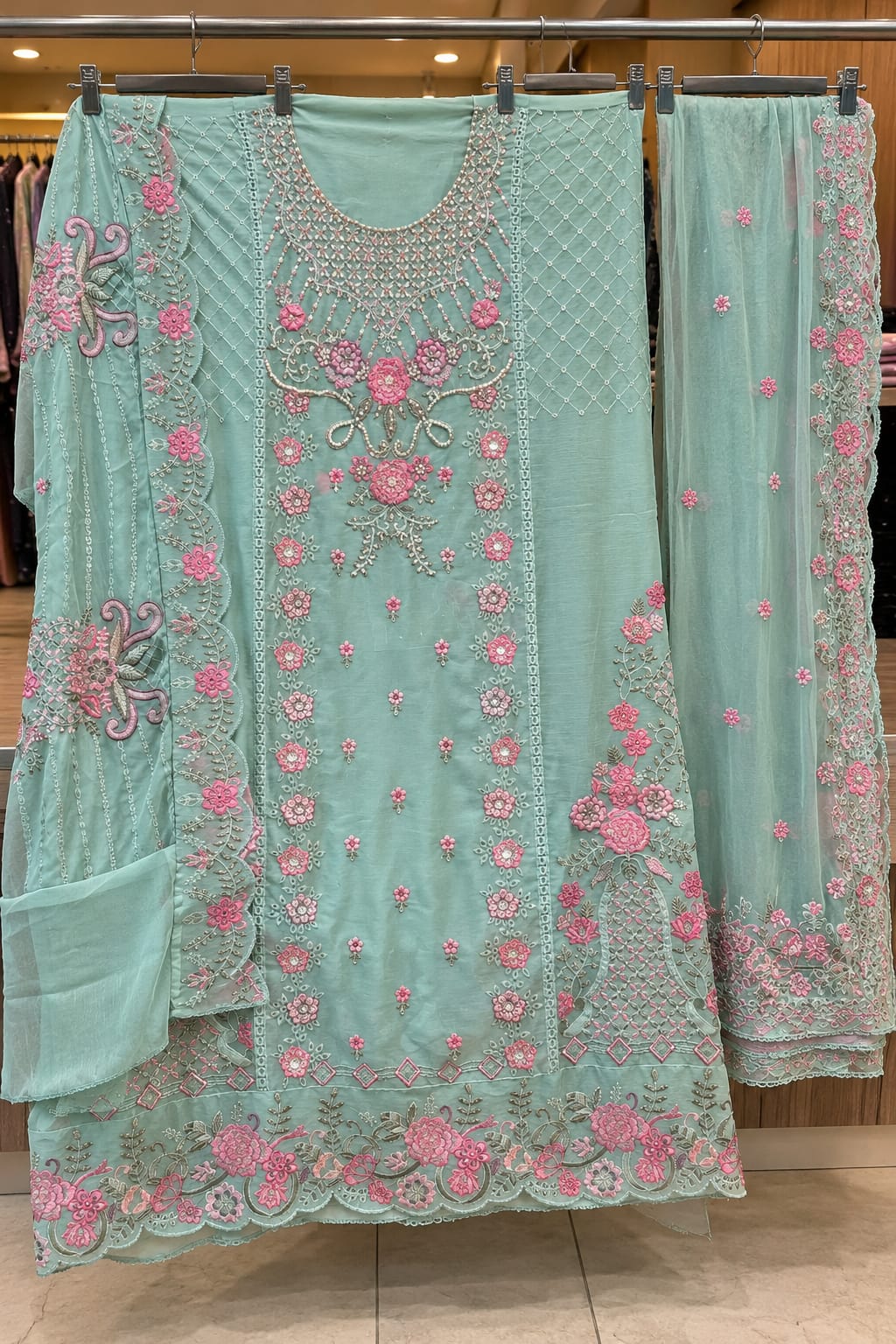 1487 Pakistani Unstitched Party Wear - Sea Green