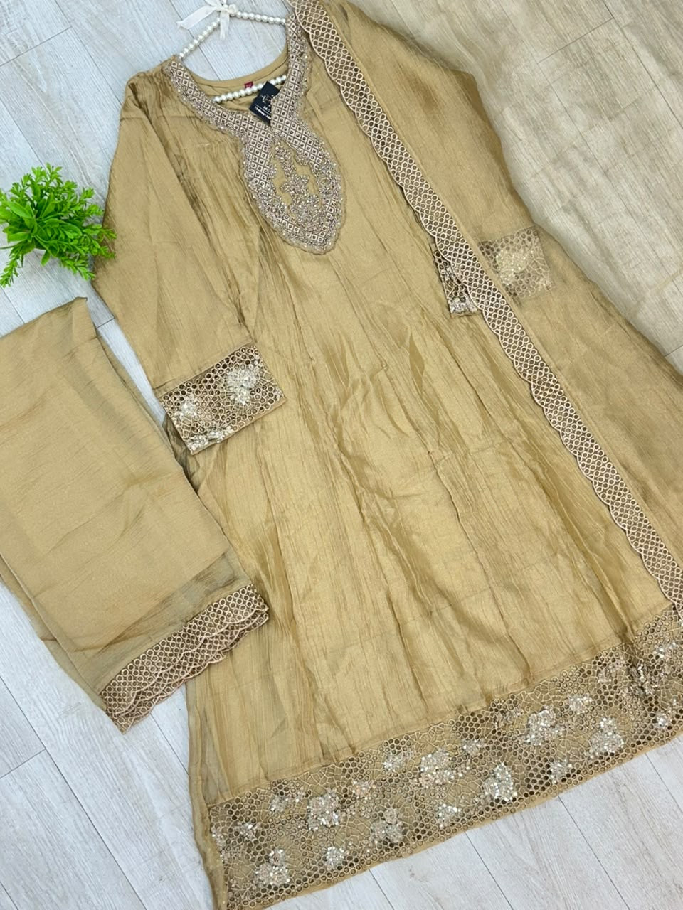 1527 Pakistani Anarkali Gown - Golden Beige
