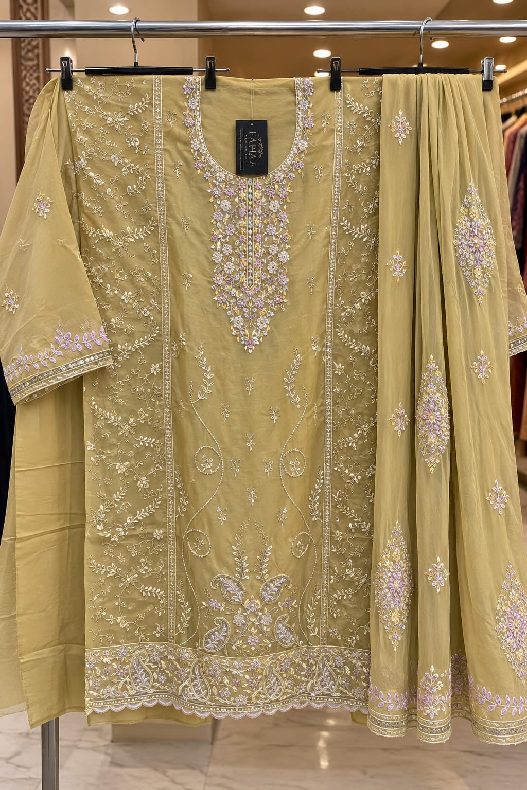1524 Pakistani Unstitched Partywear - Golden Beige