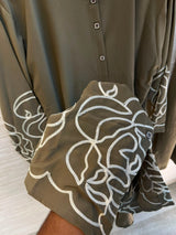 1194 Floral Embroidered Coord Set - Khaki Green