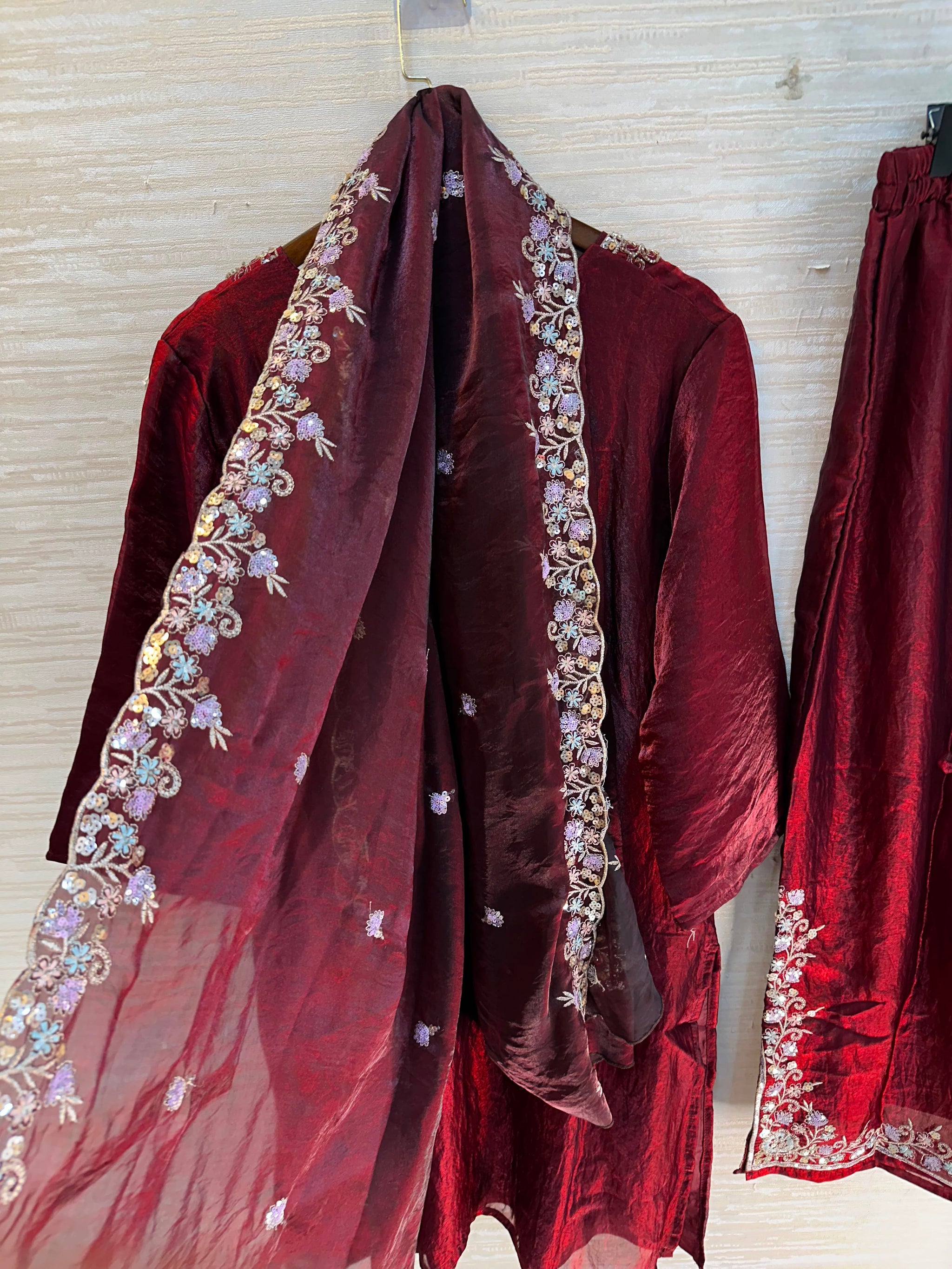1204 Floral Hand-Work Partywear - Wine Red