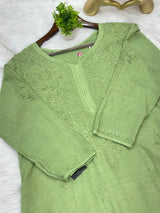 685 Lucknowi Long Kurti - Pista Green
