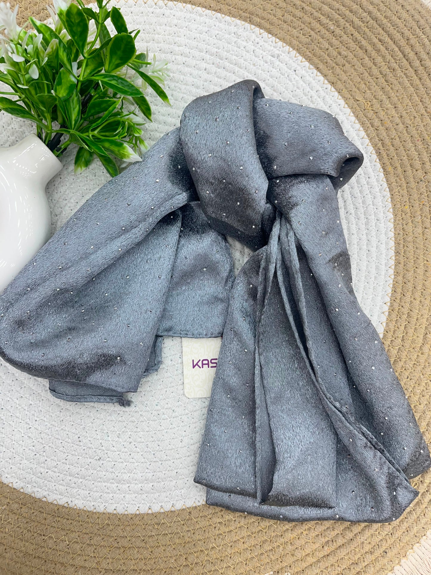 1187 Modest Satin Rhinestone Hijab - Charcoal Grey