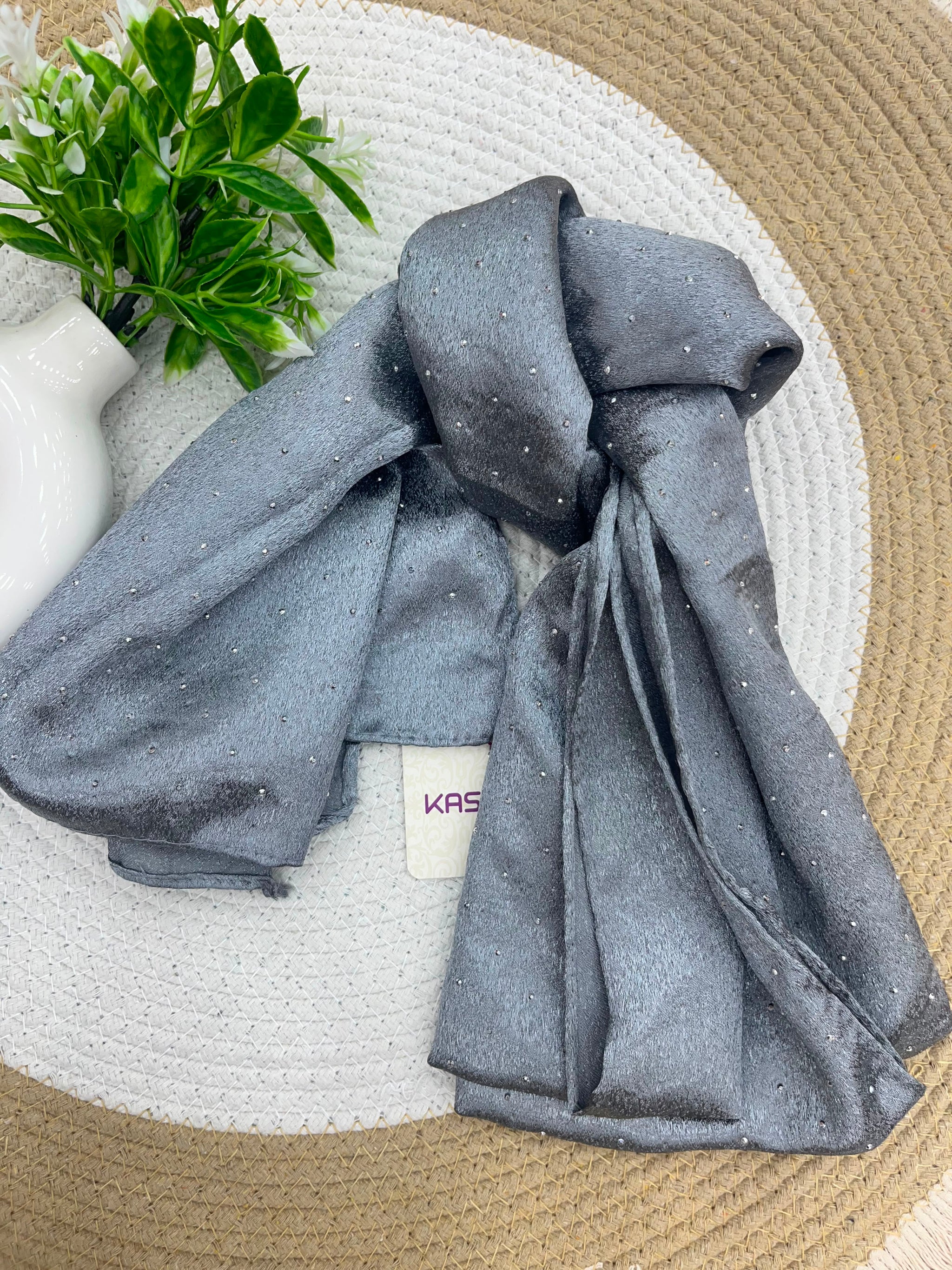 1187 Modest Satin Rhinestone Hijab - Charcoal Grey