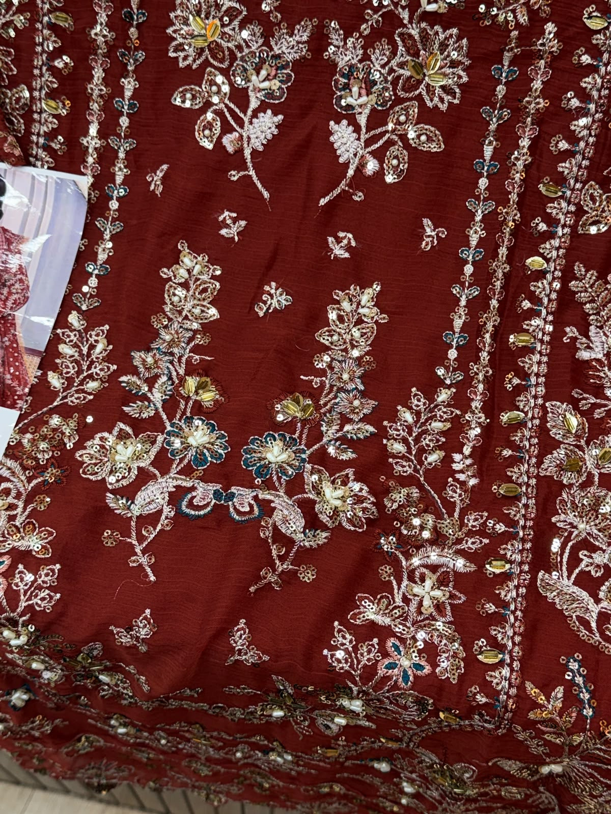 1444 Pakistani Unstitched Partywear - Reddish Brown