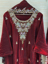 1204 Floral Hand-Work Partywear - Wine Red