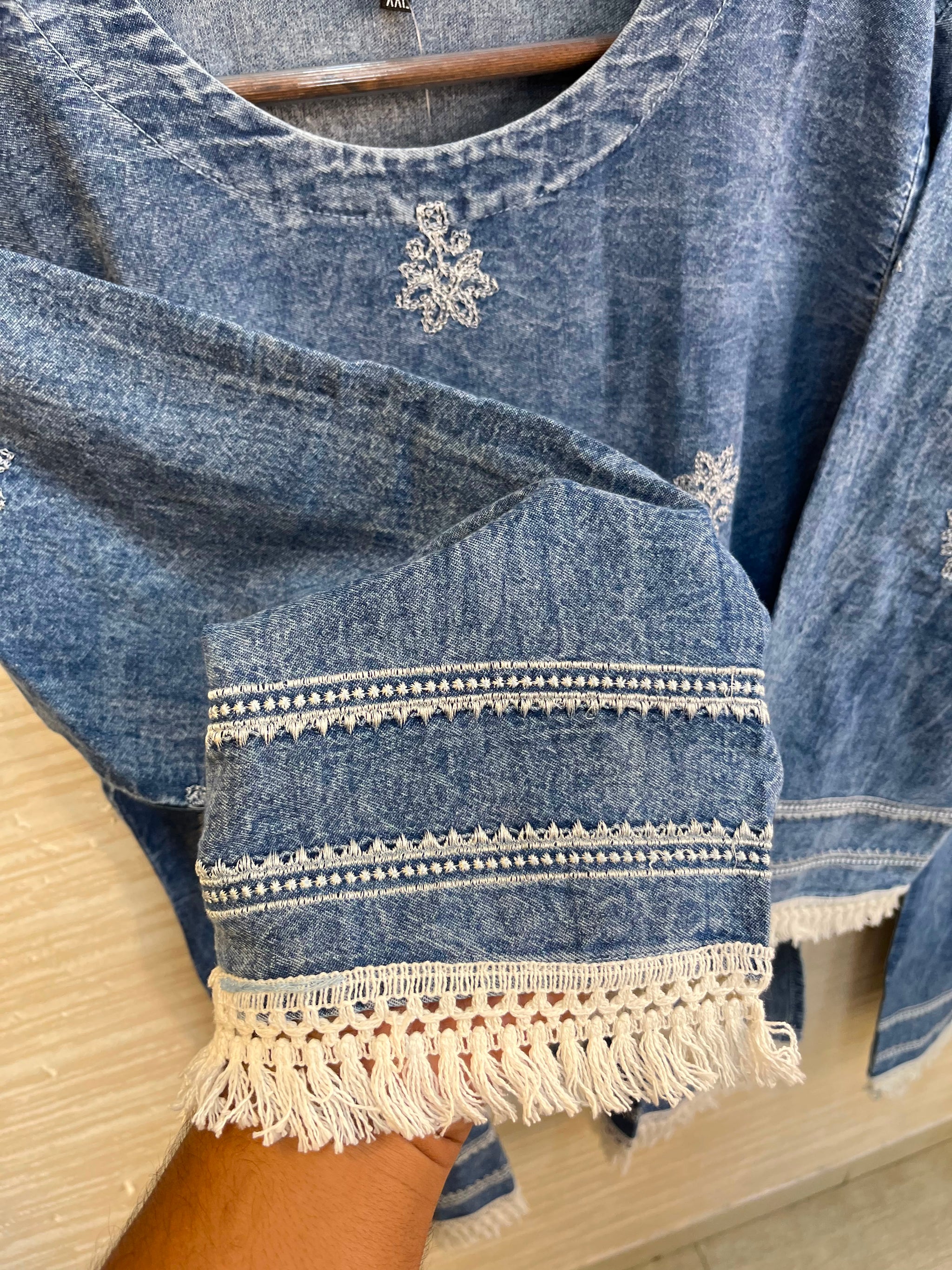 1189 Embroidered Denim Coordset - Mid Blue