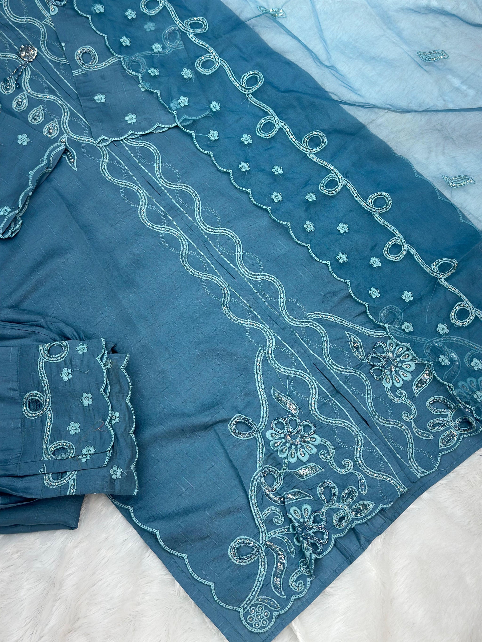 652 Pakistani Cut-Work Embroidery - Stone Blue