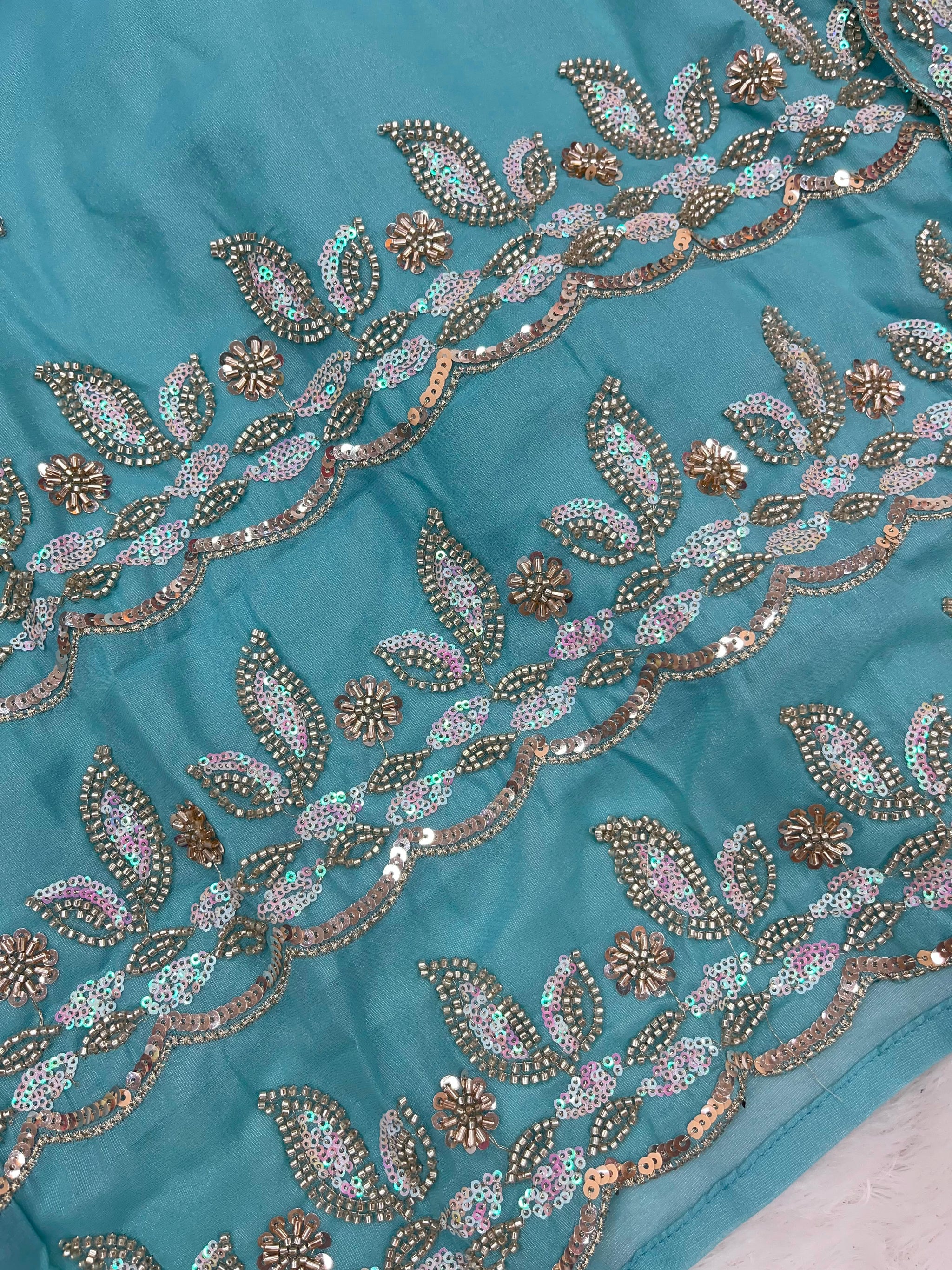 1204 Floral Hand-Work Partywear - Aqua