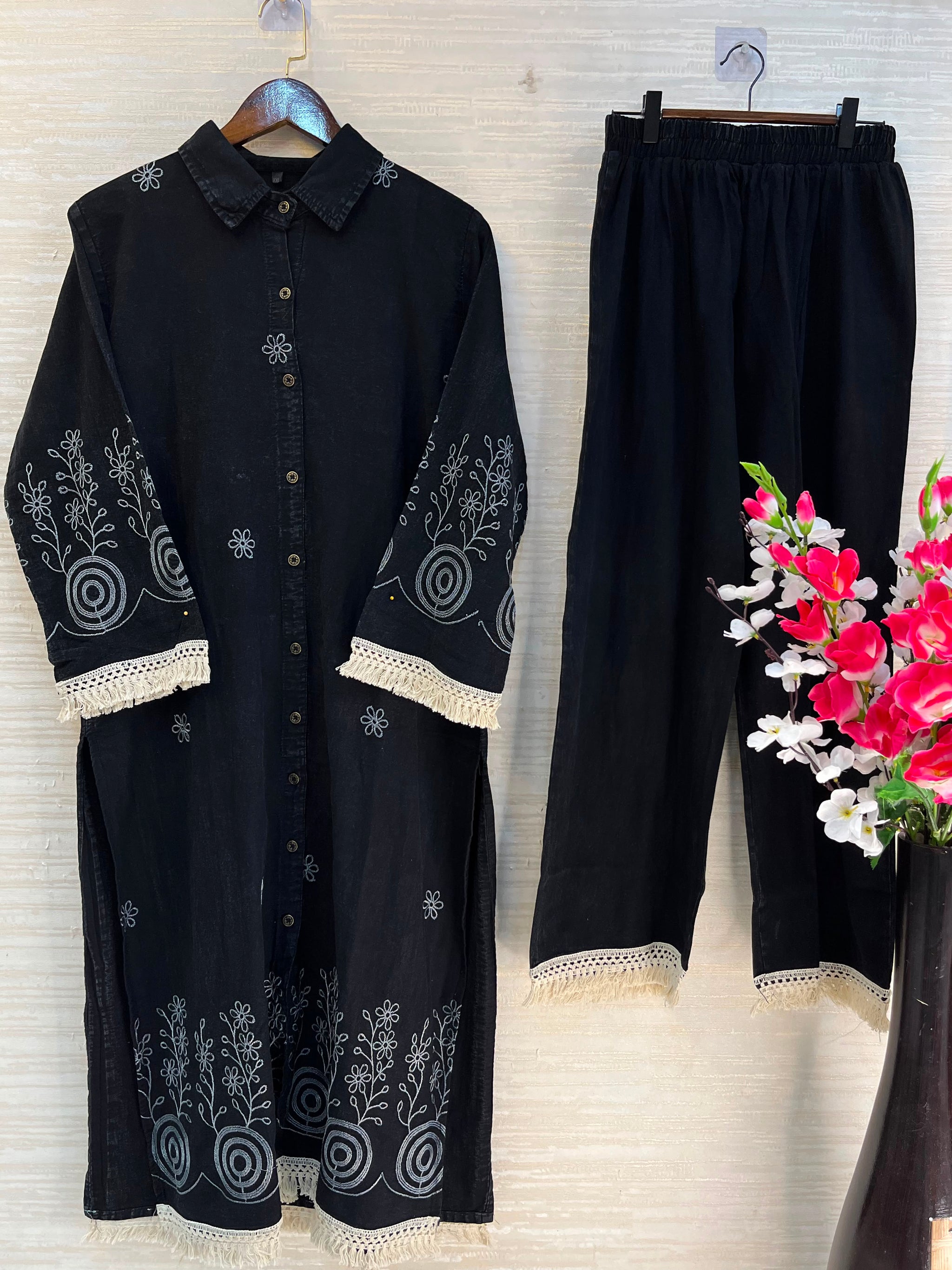 1203 Long Embroidered Denim Coordset - Black
