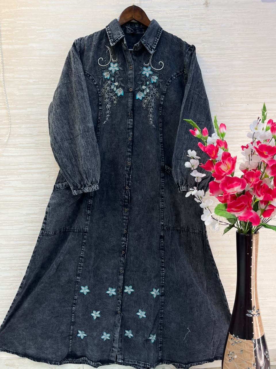 1193 Embroidered Denim Gown - Charcoal Black