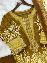1450 Pakistani Embroidered Suit - Mustard Olive