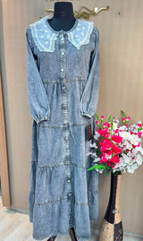 1229 Embroidered Denim Gown - Ash Grey