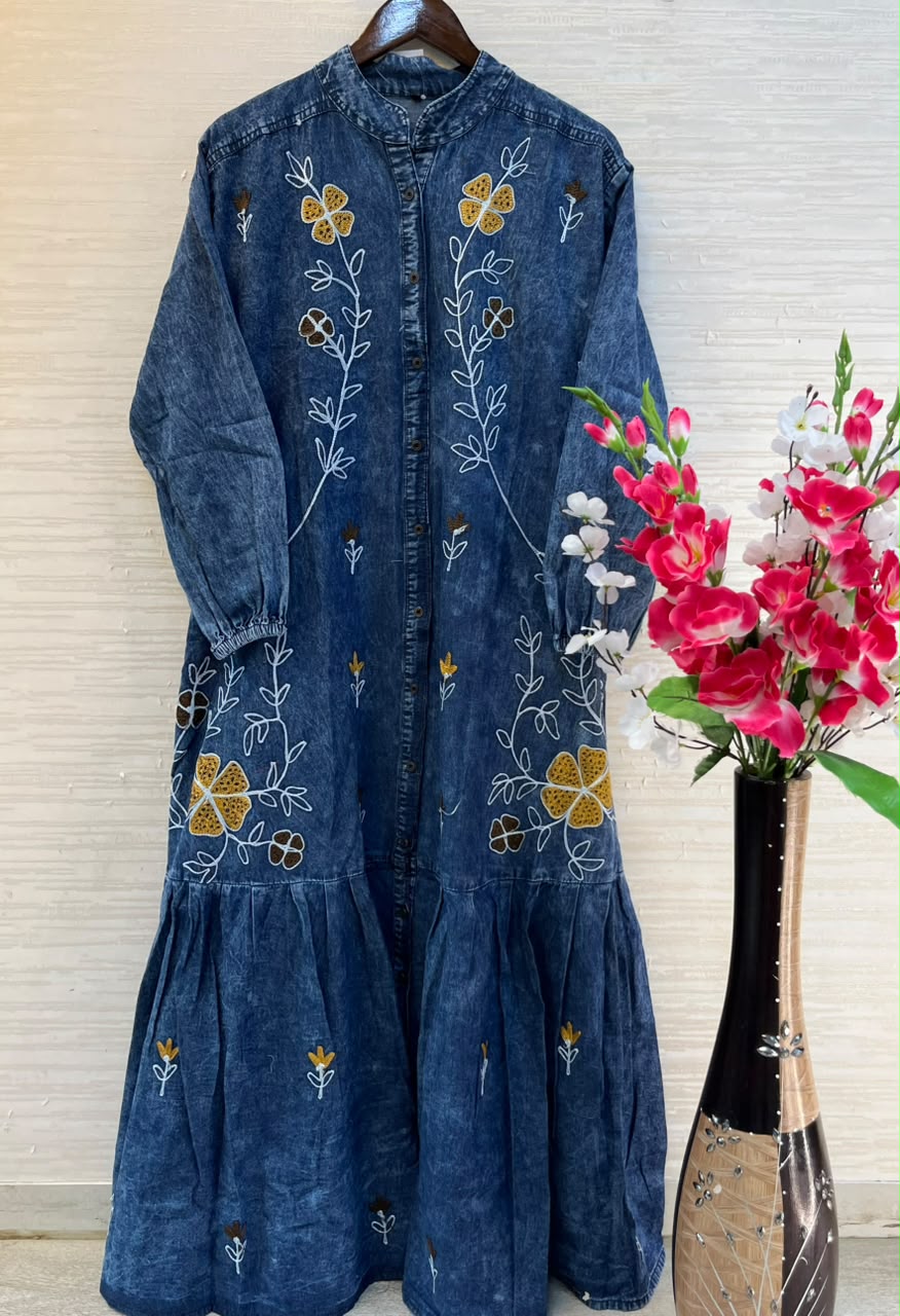 1193 Embroidered Denim Gown - Navy Blue
