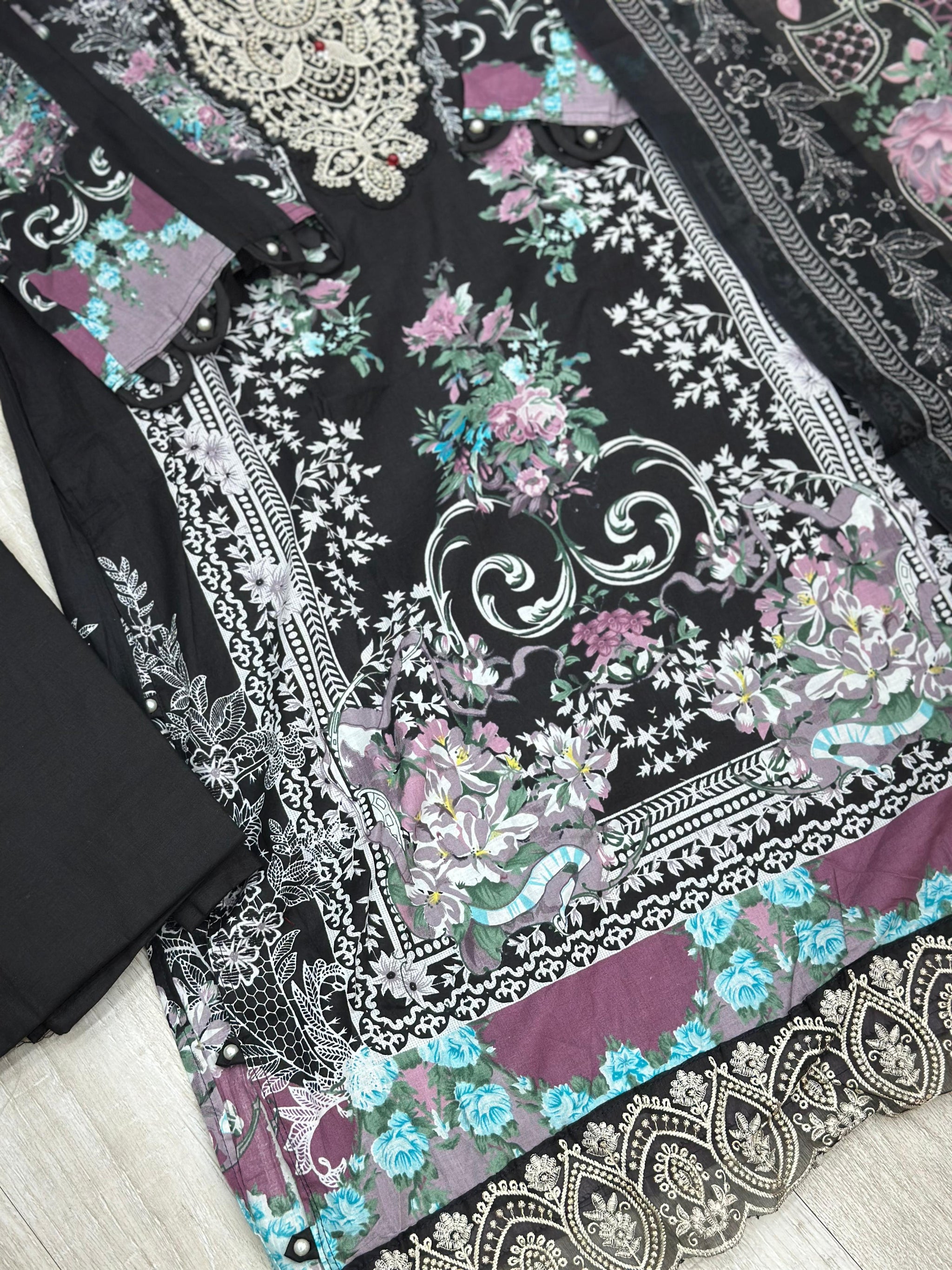 632 Premium Pakistani Lawn Suit - Black Floral