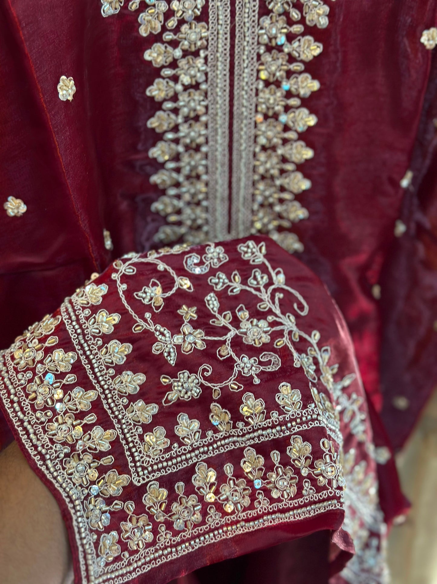 1204 Floral Hand-Work Partywear - Deep Maroon