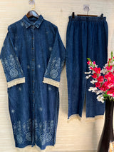 1203 Long Embroidered Denim Coordset - Mid Blue