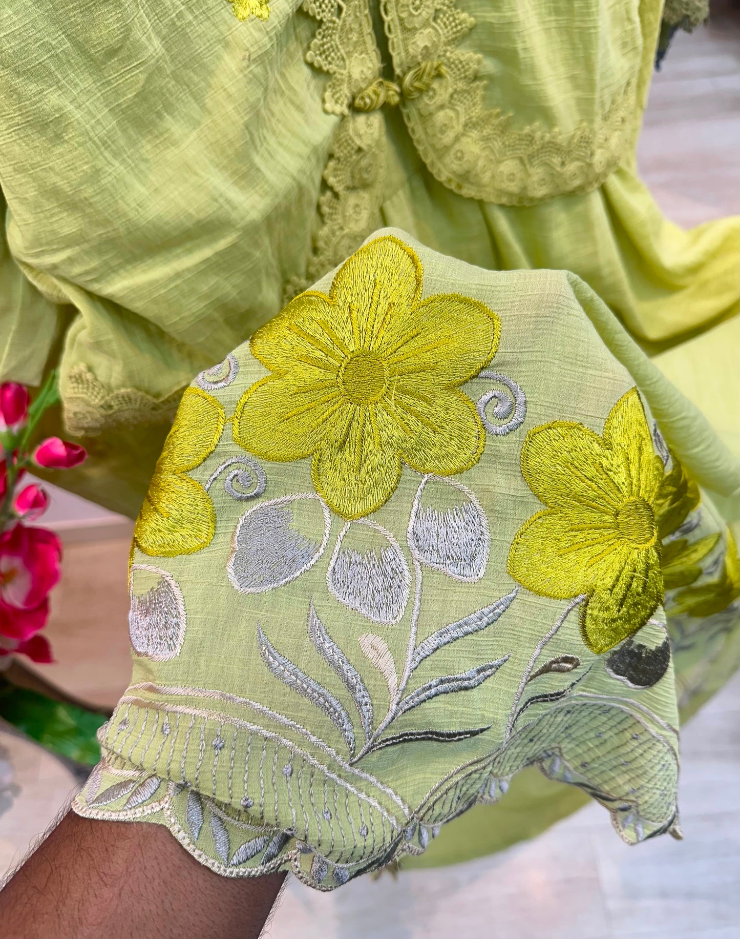 1208 Korean Jacket Gown Set - Lime Yellow