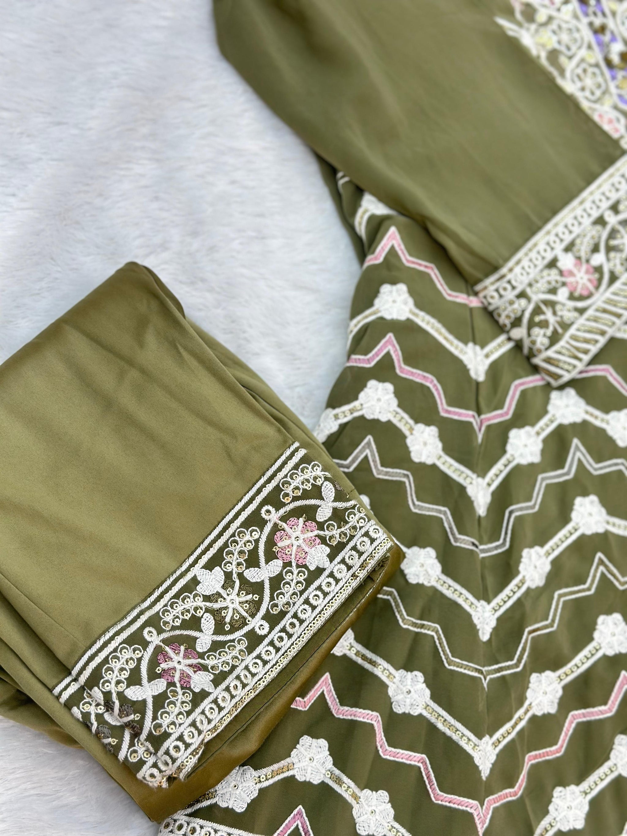 653 Pakistani Embroidered Frock Set - Mehendi Green
