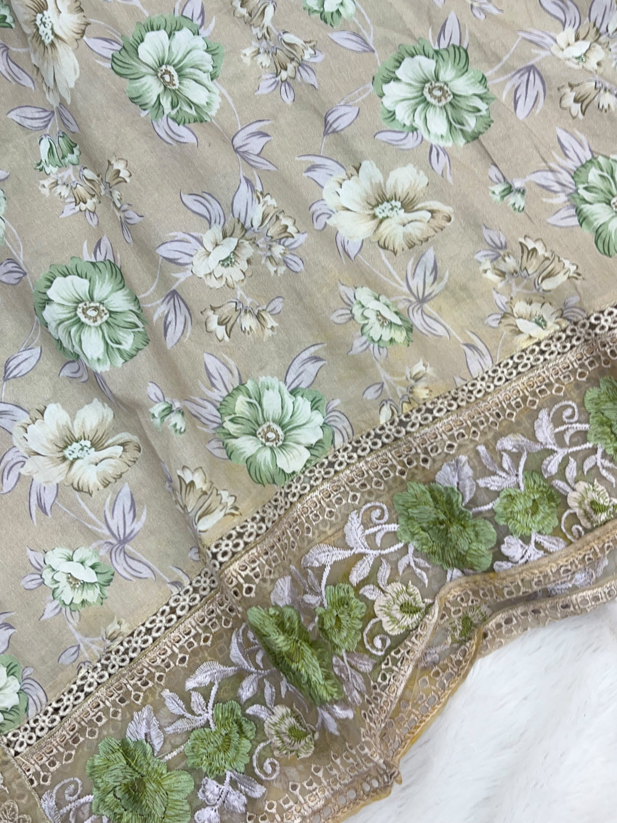 1441 Mausumery Foral Lawn Suit - Beige