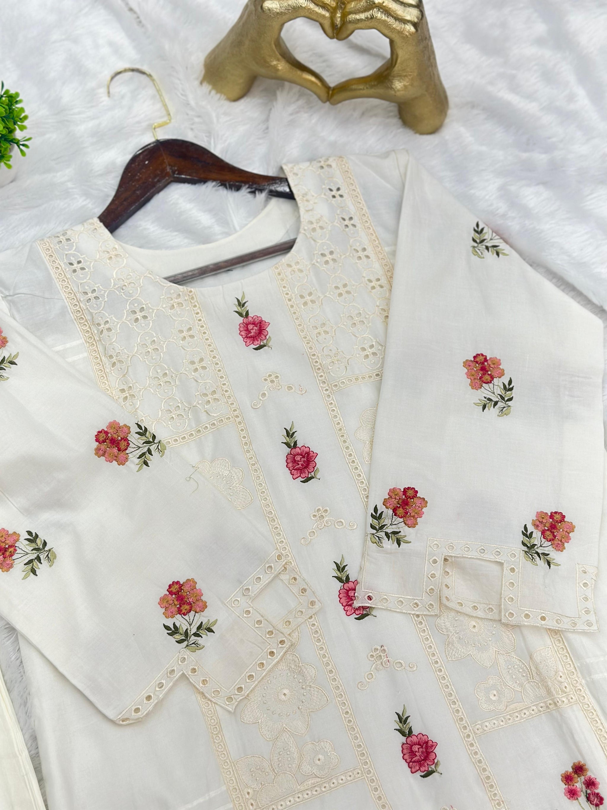 660 Premium Pakistani Lawn Cordset Set - Ivory