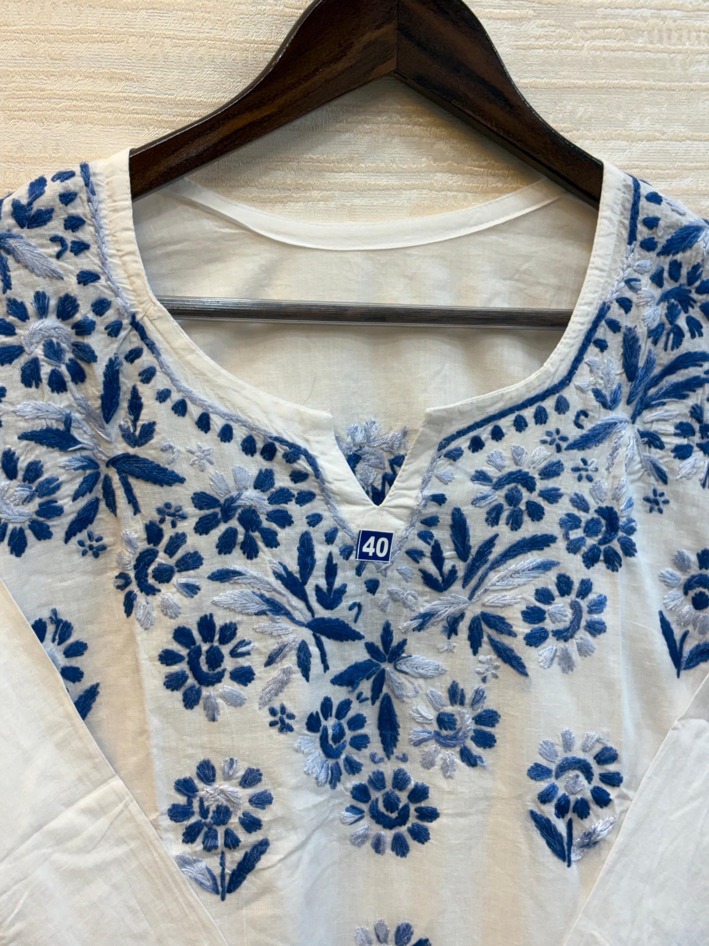 618 Lucknowi Short Kurti Set | White - Blue