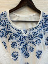 618 Lucknowi Short Kurti Set | White - Blue
