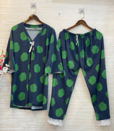 583 The V NECK Bow Night wear - Blue colour with green flower print