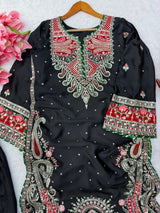 1319 Premium Pakistani Embroidered Black Kaftan 2 Pc Set