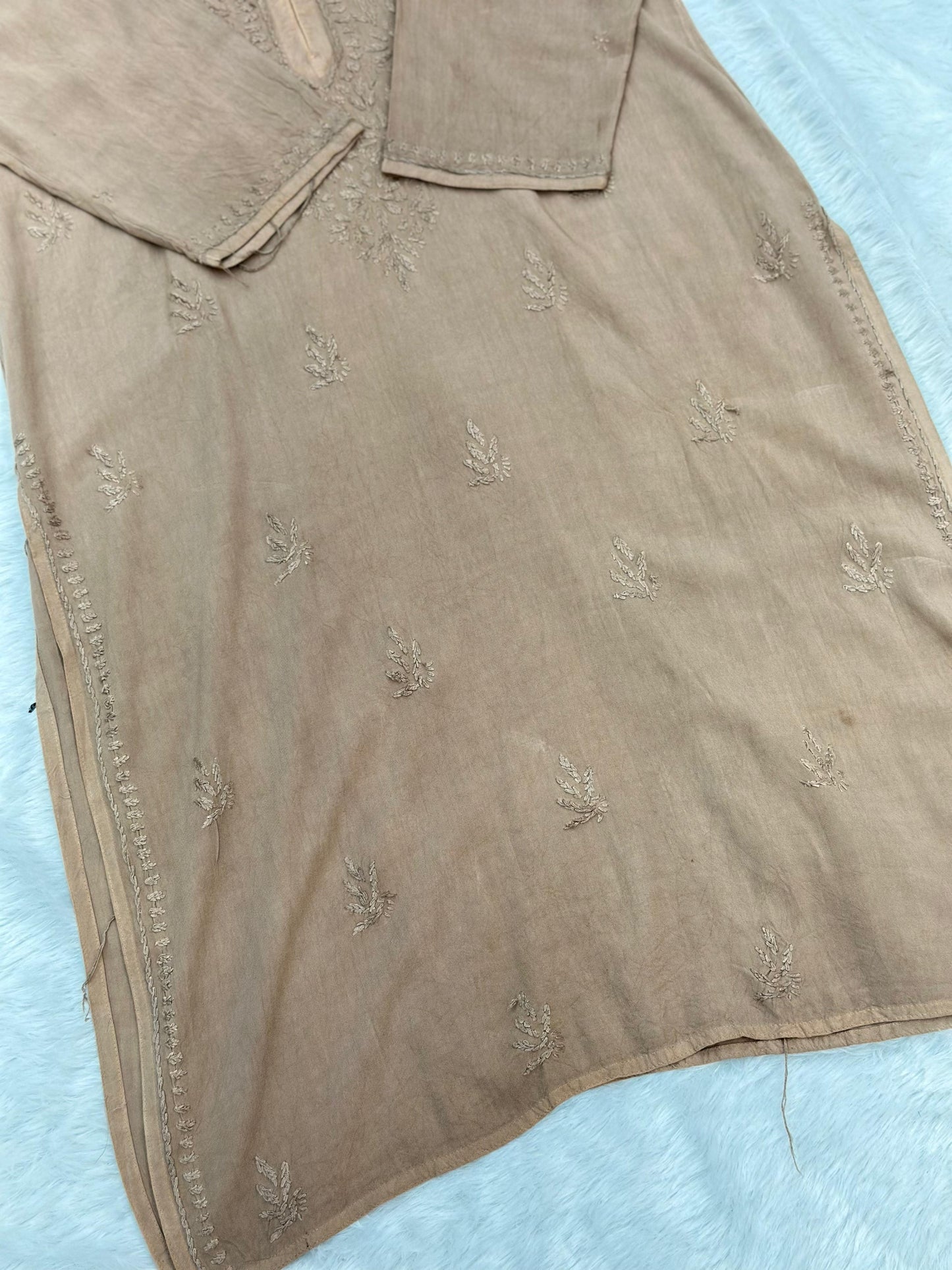 685 Lucknowi Long Kurti - Beige