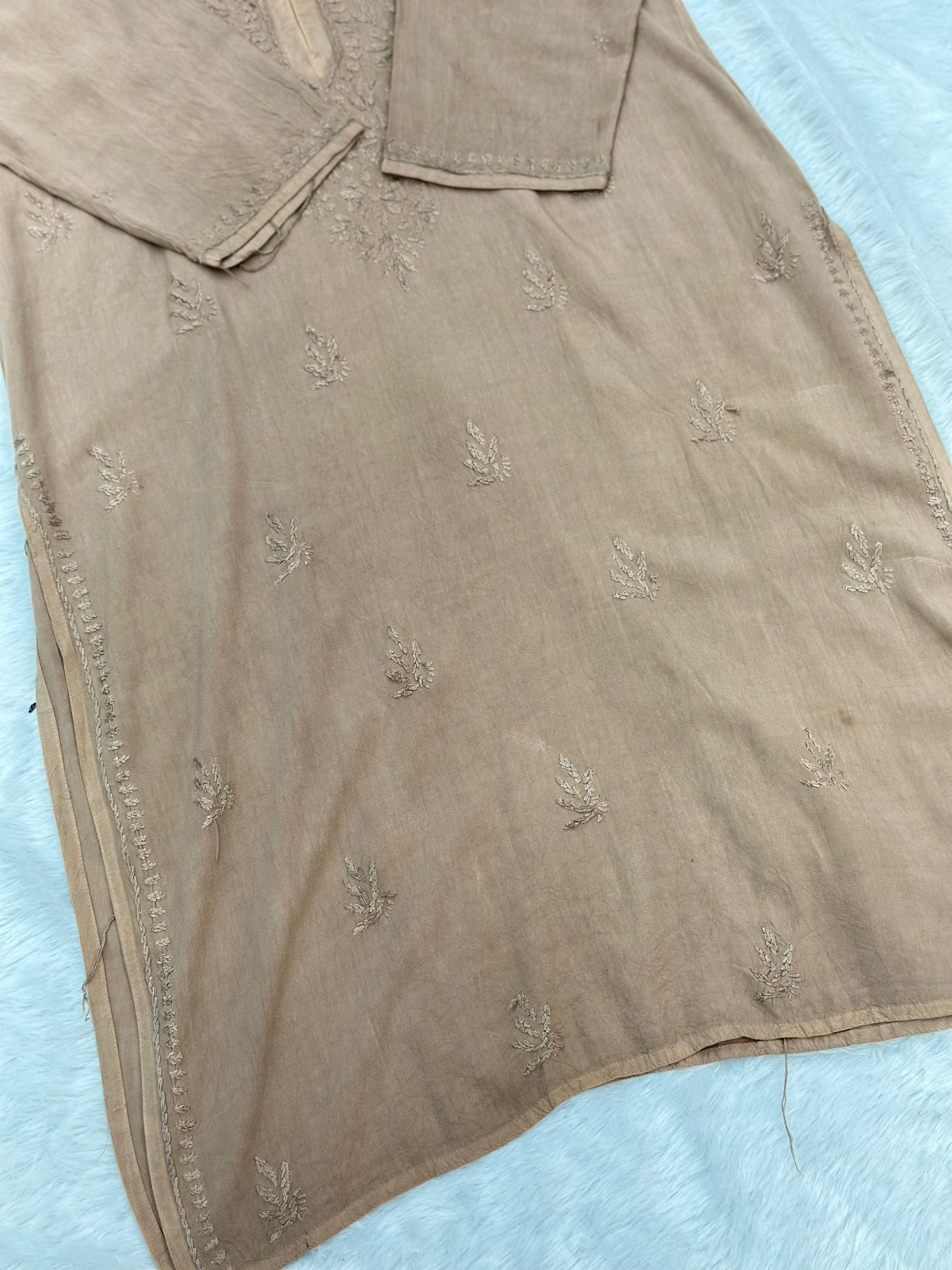 685 Lucknowi Long Kurti - Beige