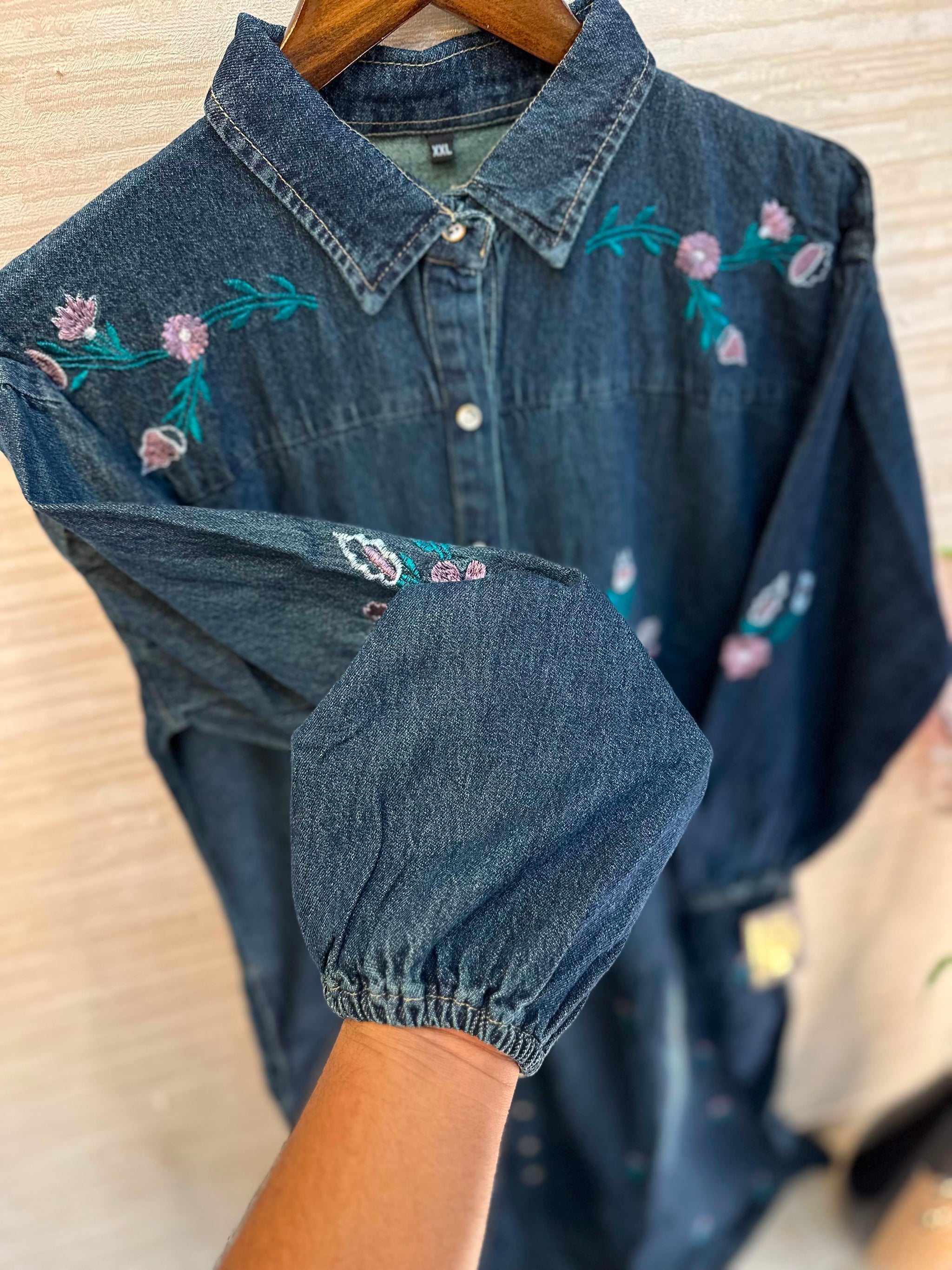 1210 Embroidered Denim Gown - Dark Blue