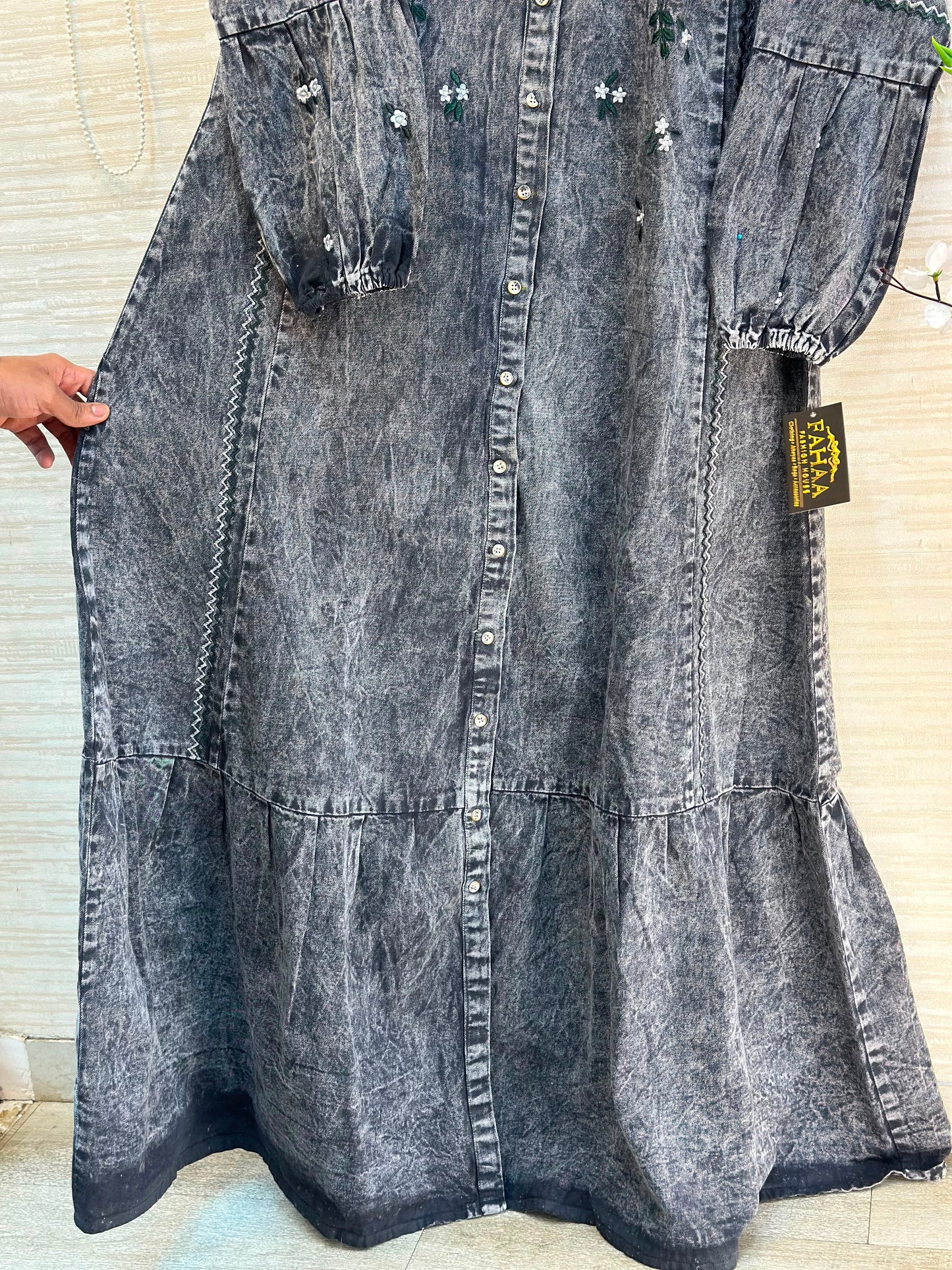 1210 Embroidered Denim Gown - Acid Grey
