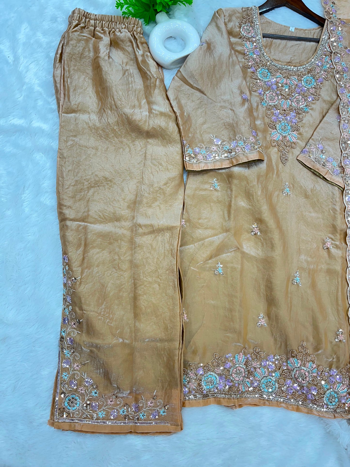 1204 Floral Hand-Work Partywear - Golden Beige