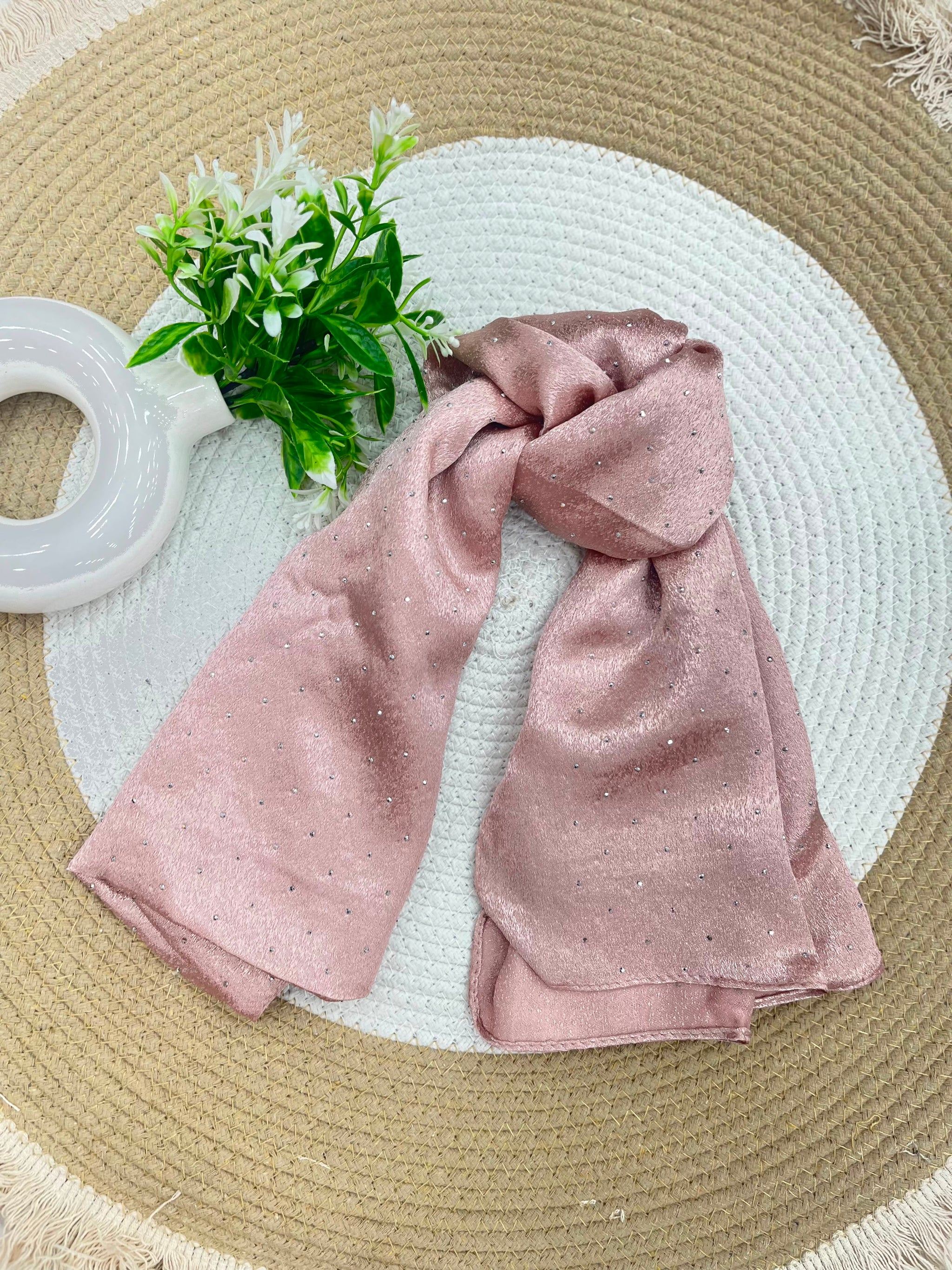 1187 Modest Satin Rhinestone Hijab - Dusty Rose