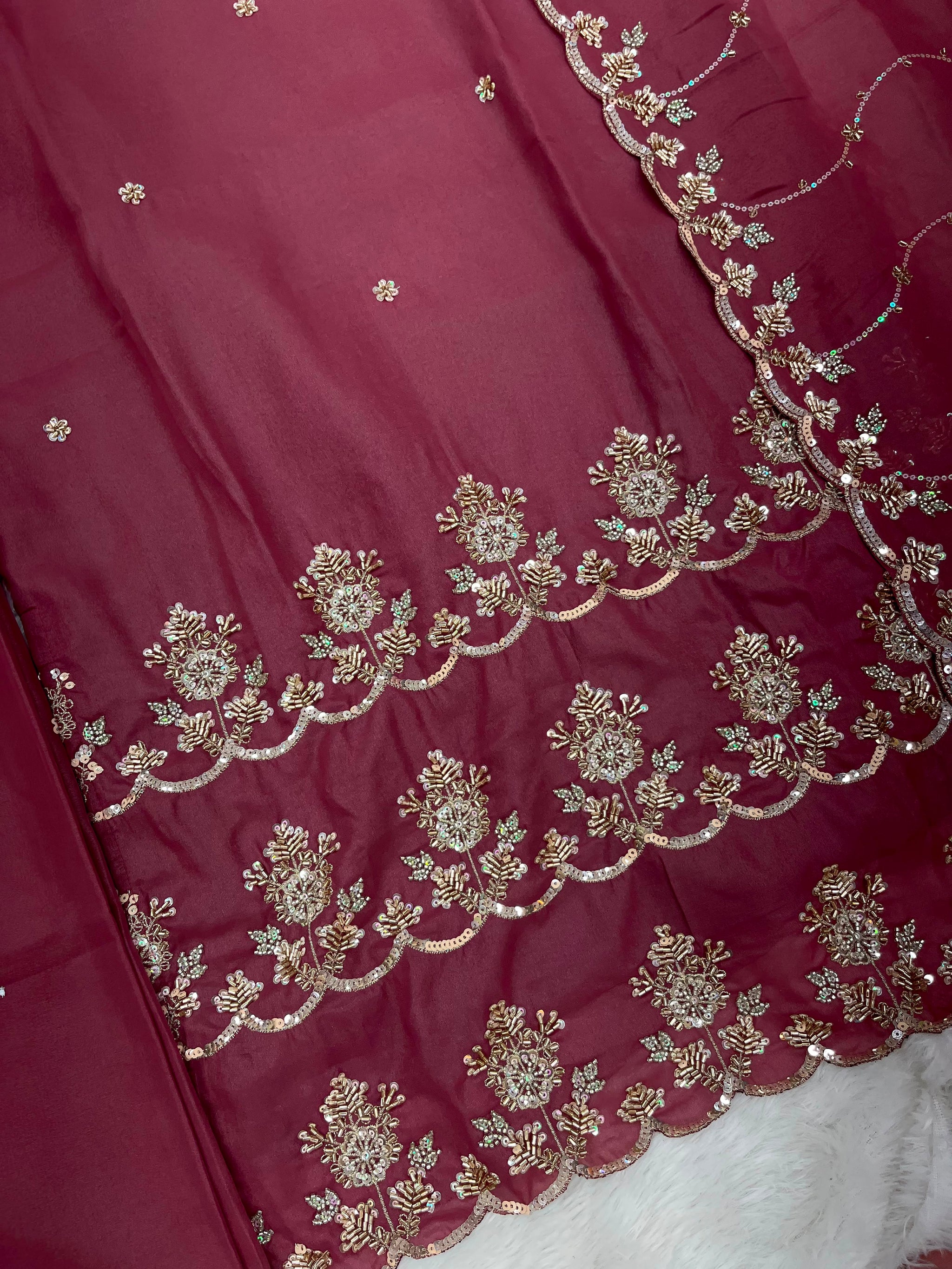1204 Floral Hand-Work Partywear - Wine Maroon