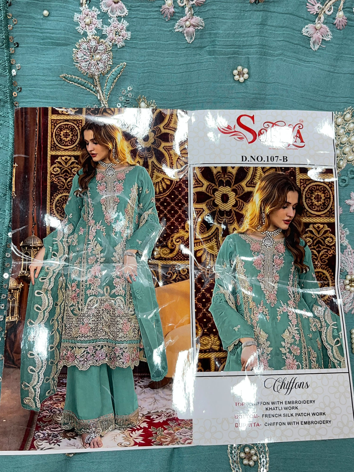 1446 Pakistani Unstitched Partywear - Teal Blue