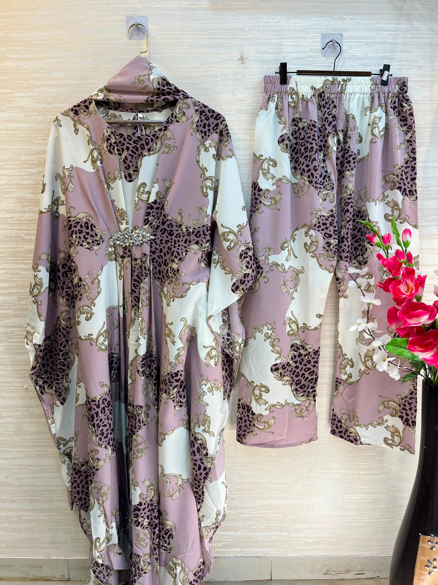 1099 Floral Kaftan Coord Set - Dusty Lavender