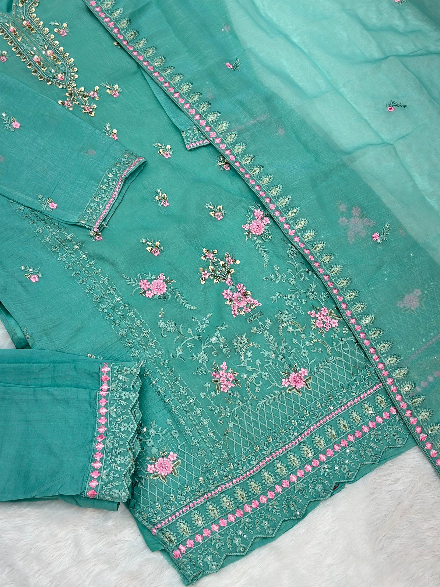 651 Pakistani Floral Party Wear Set - Aqua